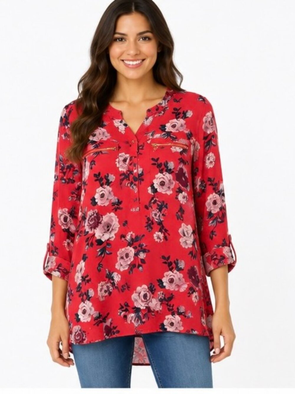 Justify Women's 2X Coral Red Floral Blouse Tunic Long Sleeve Zip Pocket Top - Picture 1 of 8